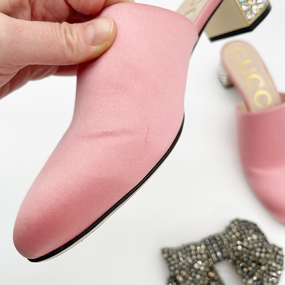 Gucci Candy Pink Silk Removable Crystal Embellished Bow Block Heel Mules EU 37 - Picture 10 of 16